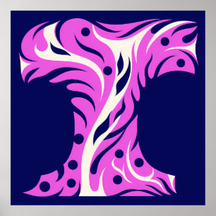 Póster Stylized Letter T with Abstract Floral Design