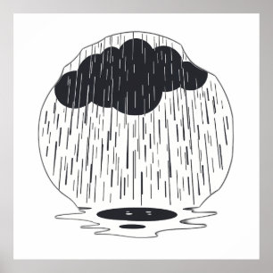 Póster Stylized Rain Cloud with Falling Rain and Puddle