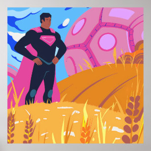 Póster Stylized Superhero in Field with Alien Object