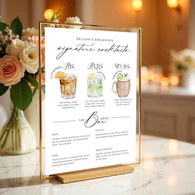 Póster Su menú de cócteles con la firma de acuarela Hers  (His Ours & Hers Watercolor Signature Cocktail Menu Poster)