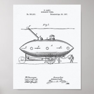 Póster Submarine Vessel 1897 Patent Art White Paper
