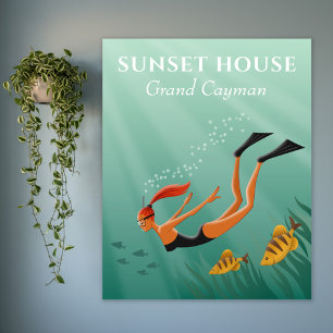 Póster Submarinismo Snorkeling Chica Pescado Submarino Su