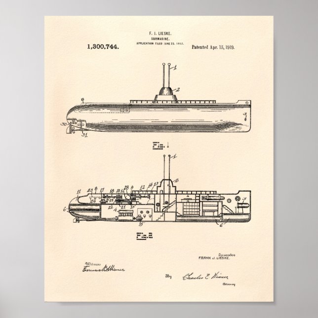 Póster Submarino 1919 Patente Art Old Peper (Frente)