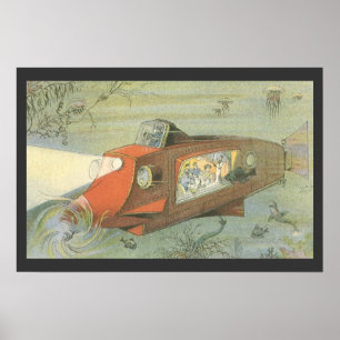 Póster Submarino Steampunk de Ciencia Ficción Antiguo en