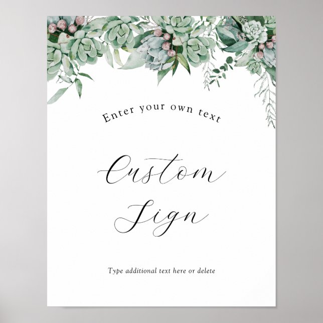 Póster Succulent and Eucalyptus Greenery Custom Text Sign (Frente)