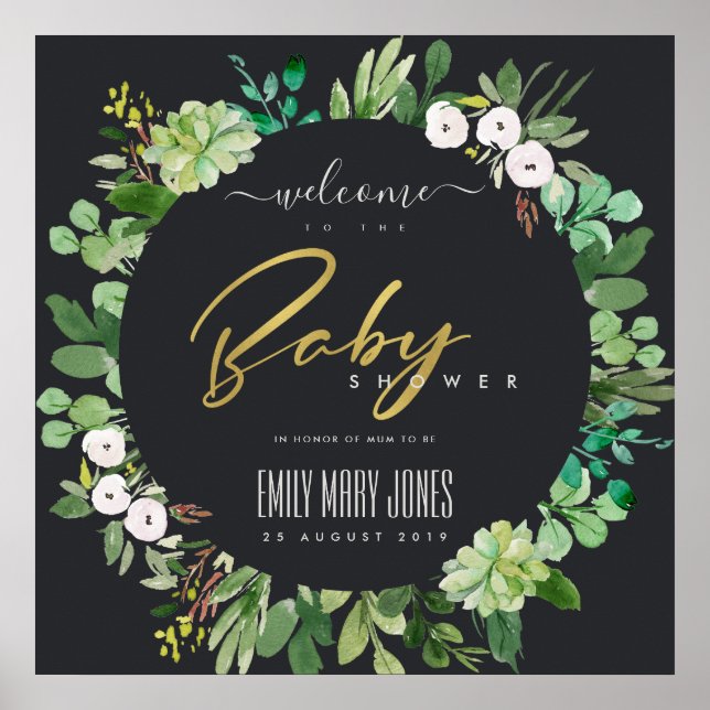 PÓSTER SUCCULENT FOLIAGE WATERCOLOR BABY SHOWER BIENVENID (Frente)