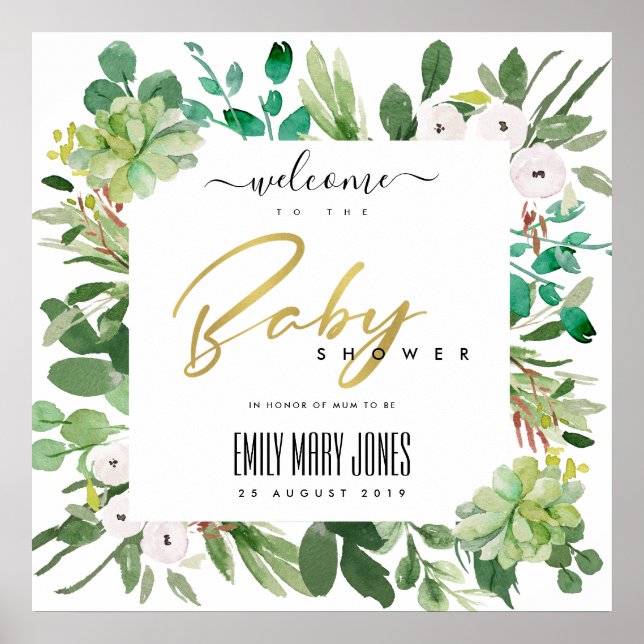 PÓSTER SUCCULENT FOLIAGE WATERCOLOR BABY SHOWER BIENVENID (Frente)