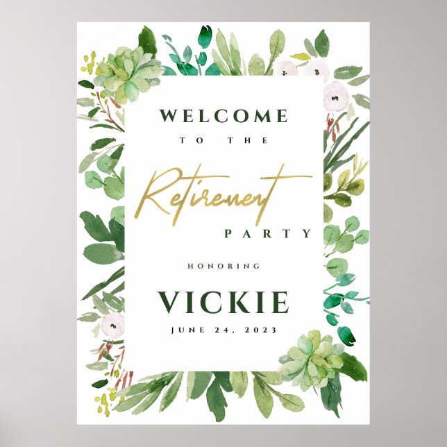 Póster Succulent Foliage Watercolor Retirement Welcome (Frente)