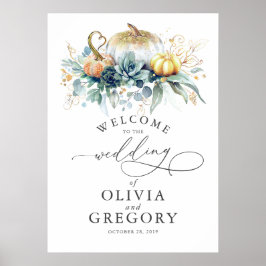 Póster Succulents Greenery and Pumpkins Wedding Welcome