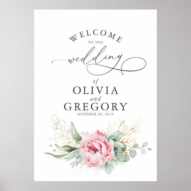 Póster Succulents Greenery Pink Floral Wedding Welcome (Frente)