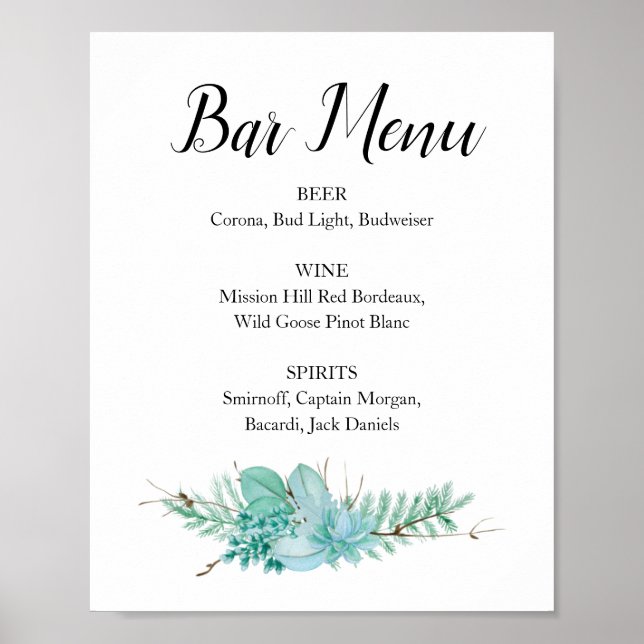 Póster Suculenta vegetación Boda Bar Menú Beber Rótulo (Frente)