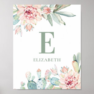 Póster Suculentas florales monograma de bebé. Vivero de c