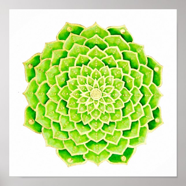 Póster Suculentas hojas verdes doradas Mandala (Frente)