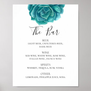 Póster Suculento azul acuarela. Cactus bodas Bebidas