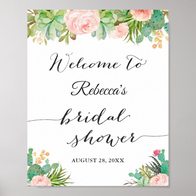 Póster Suculento Rótulo Cactus Floral Bridal Shower (Frente)