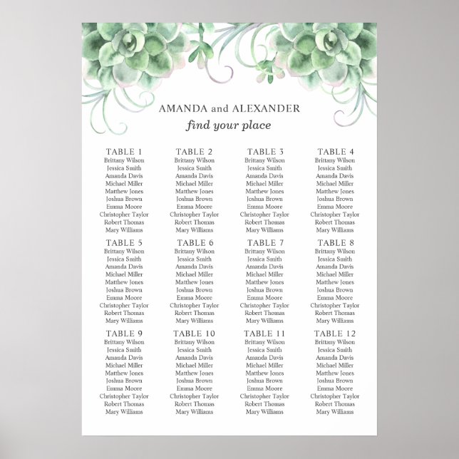 Póster Suculentos acuarelas. Tabla de asientos de boda Ca (Frente)