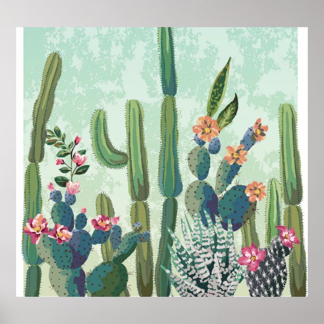 Póster Suculentos: patrón de cactus vintage (Frente)