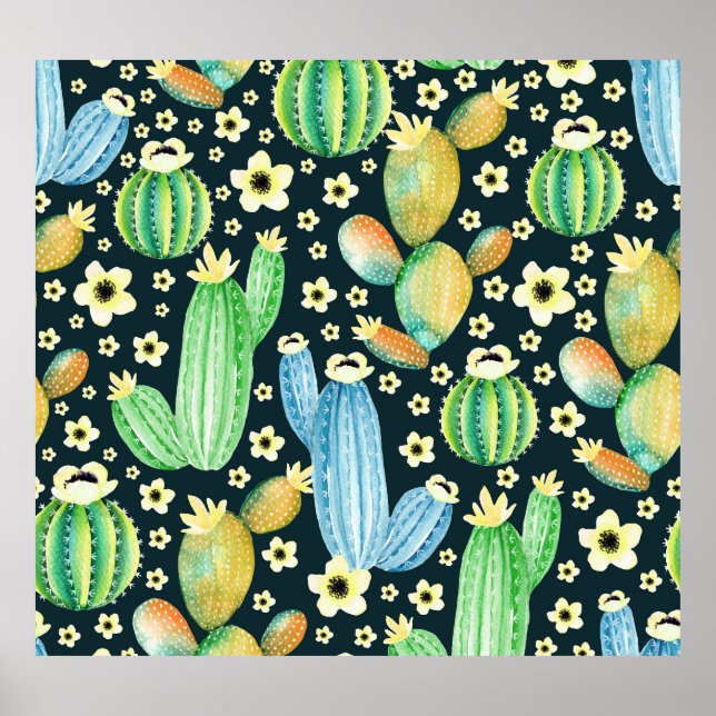 Póster Sucultores Patrón de acuarela Cactus Floral (Frente)