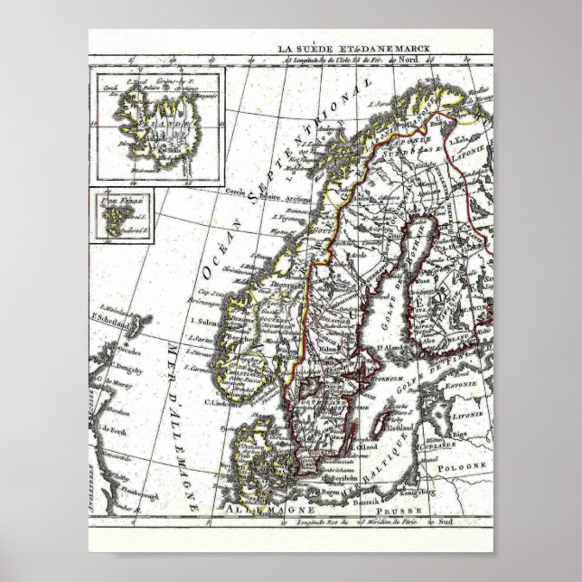 Póster Suecia Islandia Noruega Dinamarca Mapa (Frente)