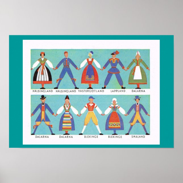 Póster Suecia vintage, trajes regionales tradicionales 1 (Frente)