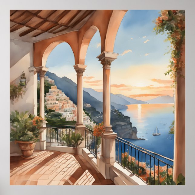 Póster Sueño Positano: Poster Watercolor Sunset Vista (Frente)