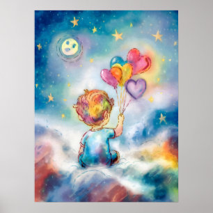 Póster Sueños celestes - Niño con globos cardíacos