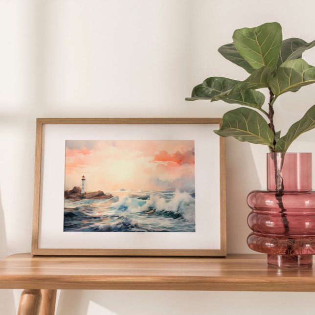 Póster Sueños de faro: pintura de acuarela costera (Embark on a visual journey to tranquil shores with a mesmerizing watercolor painting.)