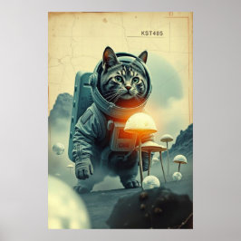 Póster Sueños de gato espacial en la luna de hongos