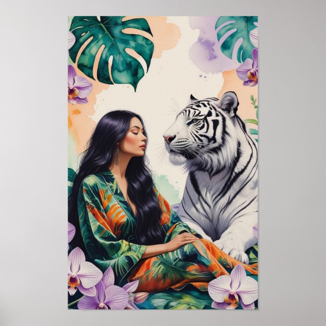 Póster Sueños de Jungla Boho Tigre Blanco y Mujer (Frente)