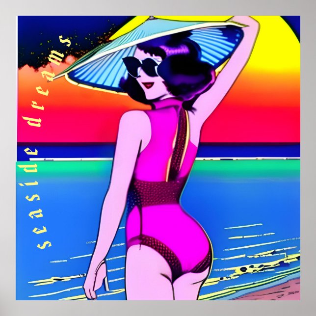 Póster Sueños de la costa. Chica con gorra chino. Editabl (Frente)