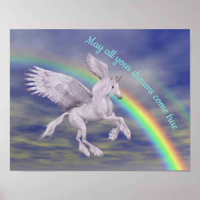 Póster Sueños de Unicornio sobre Arcoiris Inspiradores (Frente)