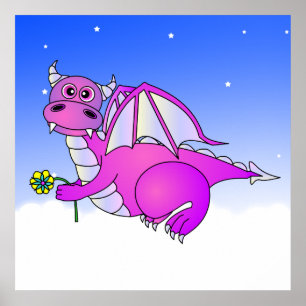 Póster Sueños dulces - Dragón púrpura lindo con flor