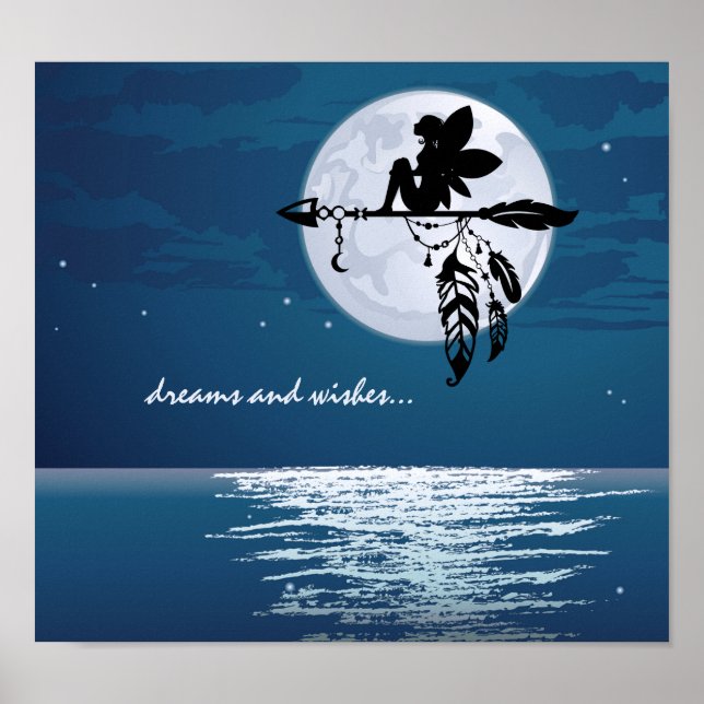 Póster sueños y deseos ~ Luna completa, hadas, playa de A (Frente)