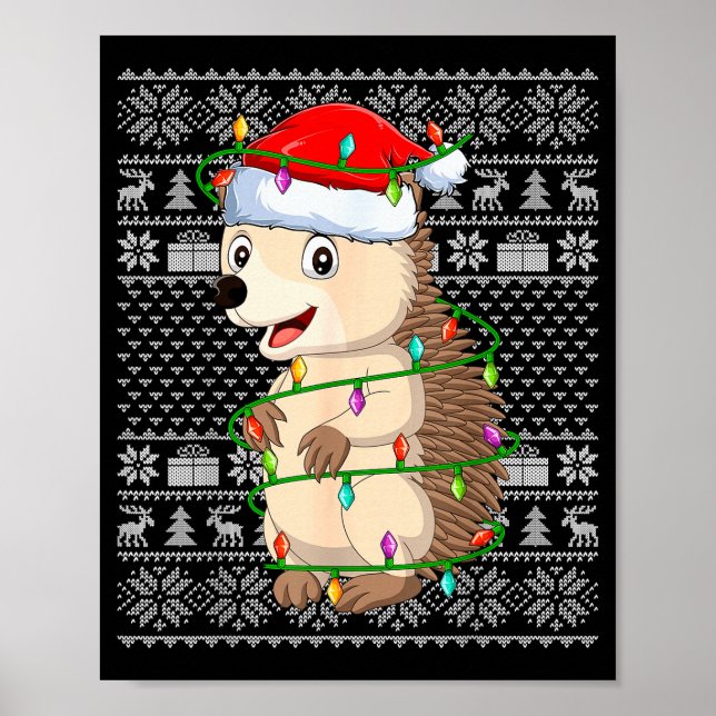 Póster Suéter feo de luces de Navidad de erizo divertido  (Frente)