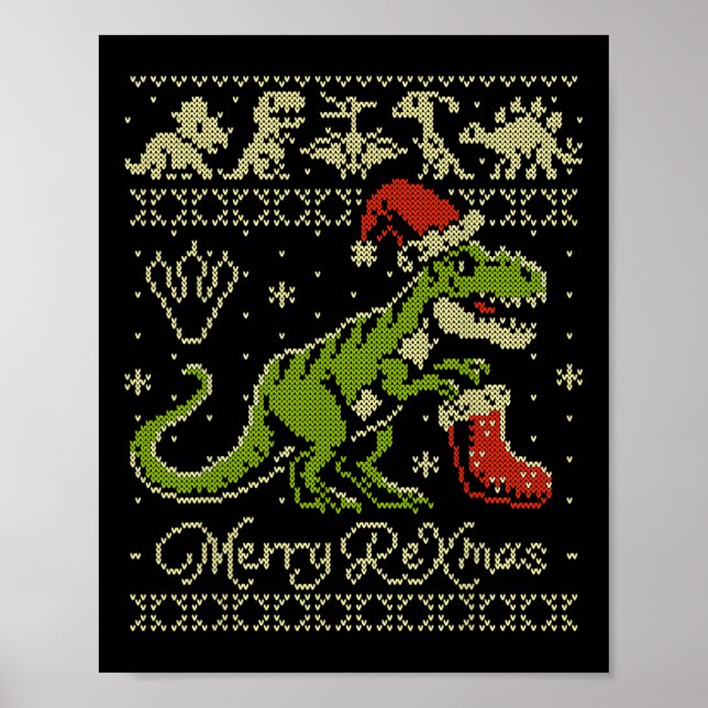 Póster Suéter feo de Navidad de dinosaurio - Navidad dive (Frente)