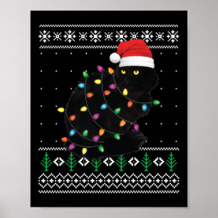 Póster Suéter feo de Navidad de gato negro divertido Sant