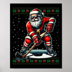 Póster Suéter feo de Navidad de Papá Noel jugando hockey