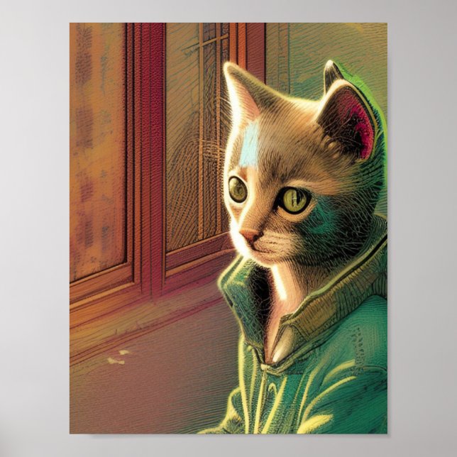 Póster Suéter verde del gato adolescente alien urbano (Frente)