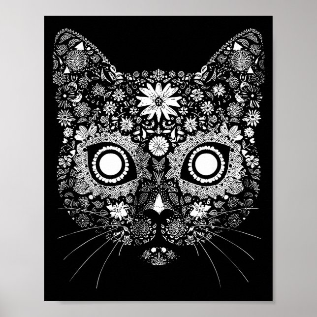 Póster Sugar Cat Skull Flower Artistic Design  (Frente)