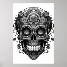 Póster Sugar Skull Black + White Image on a Wall Poster