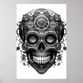 Póster Sugar Skull Black + White Image on a Wall Poster
