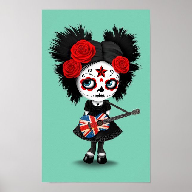 Póster Sugar Skull Chica Jugando Union Jack Guitar (Frente)