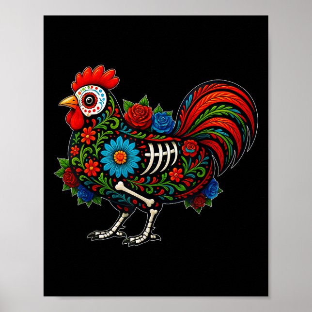 Póster Sugar Skull Chicken Dia De Muertos Halloween Day O (Frente)