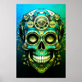 Póster Sugar Skull Images Cool Green + Blue Guy on a Wall
