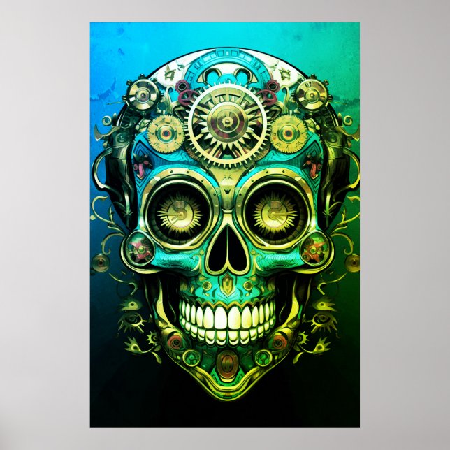 Póster Sugar Skull Images Cool Green + Blue Guy on a Wall (Frente)
