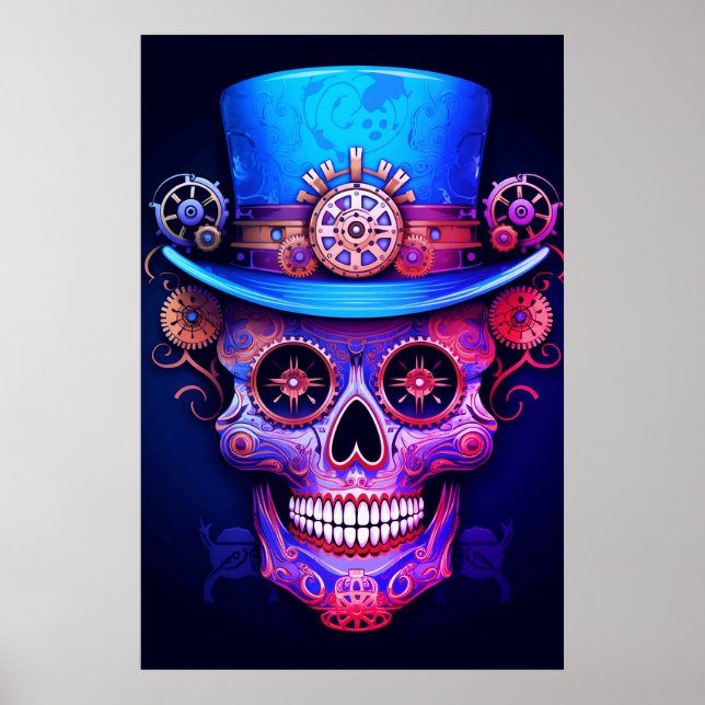 Póster Sugar Skull Images Cool Guy in a Top Hat on a Wall (Frente)