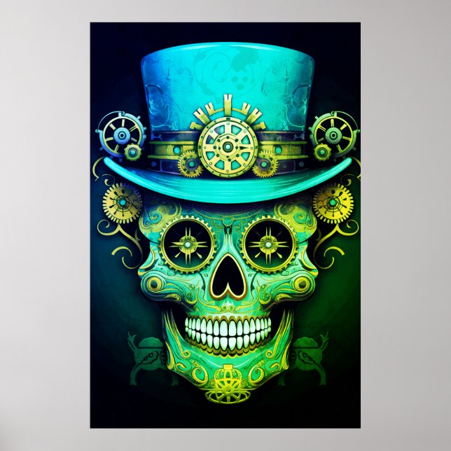Póster Sugar Skull Images Cool Guy in a Top Hat on a Wall (Frente)