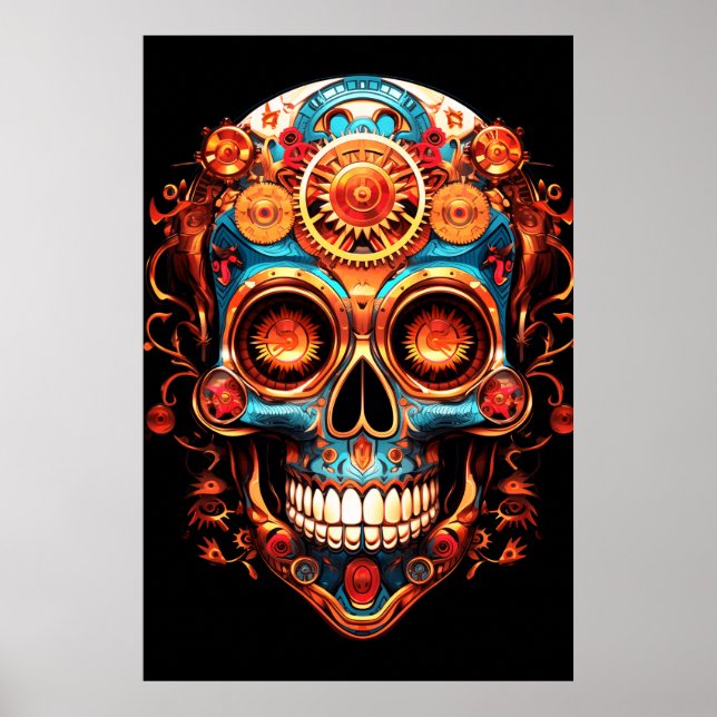 Póster Sugar Skull Images Dark Blue Smiling Guy on a Wall (Frente)