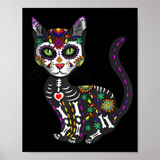 Póster Sugar Skull Mexican Cat Halloween Day Of The Dead (Frente)