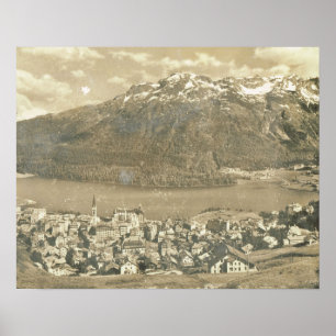 Póster Suiza de época, St Moritz y lago 1906